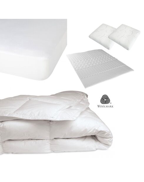 Pack 5 pièces : 2 Oreillers + Protège-Matelas + Couette + Surmatelas - 160x200 cm