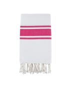 Fouta Traditionelle St Tropez blanc/rose fuschia  - 100x200 cm