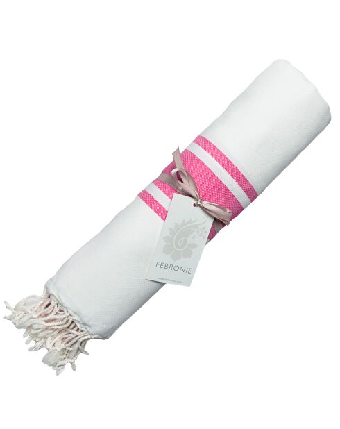 Fouta Traditionelle St Tropez blanc/rose fuschia  - 100x200 cm