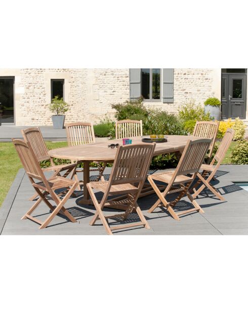 Ensemble 1 table ovale + 8 chaises Lombock teck - 200/300x120x75 cm