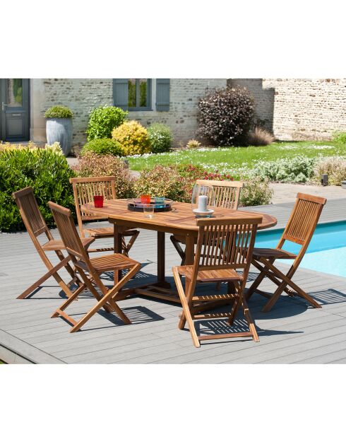 Ensemble 1 table ovale + 6 chaises Java teck huilé - 120/180x90x75 cm