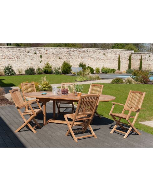 Set 1 ovale tafel + 4 stoelen + 2 Lombock teakhouten fauteuils - 180/240x100x75 cm
