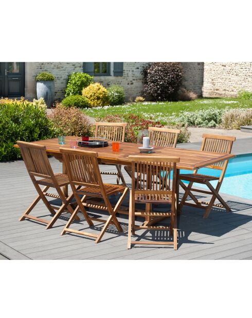 Ensemble 1 table rectangulaire + 6 chaises Java teck huilé - 180/240x100x75 cm