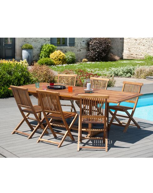 Ensemble 1 table rectangulaire + 6 chaises Java teck huilé - 180/240x100x75 cm