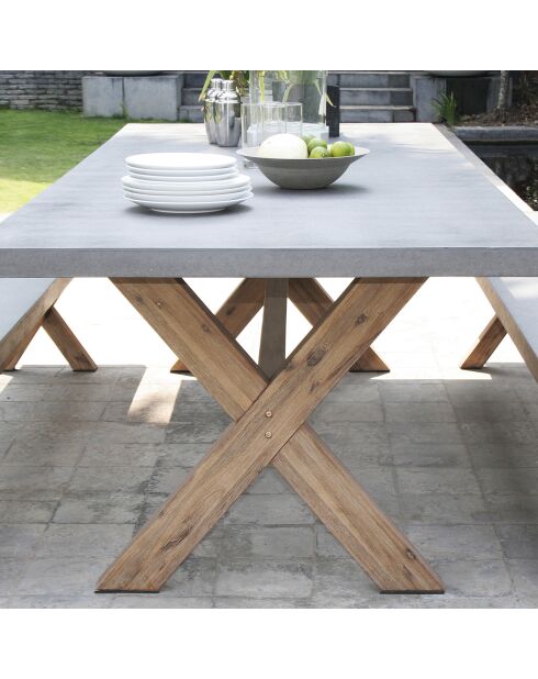 Ensemble 1 table rectangulaire + 2 bancs Hector gris/marron - 200x100x75 cm