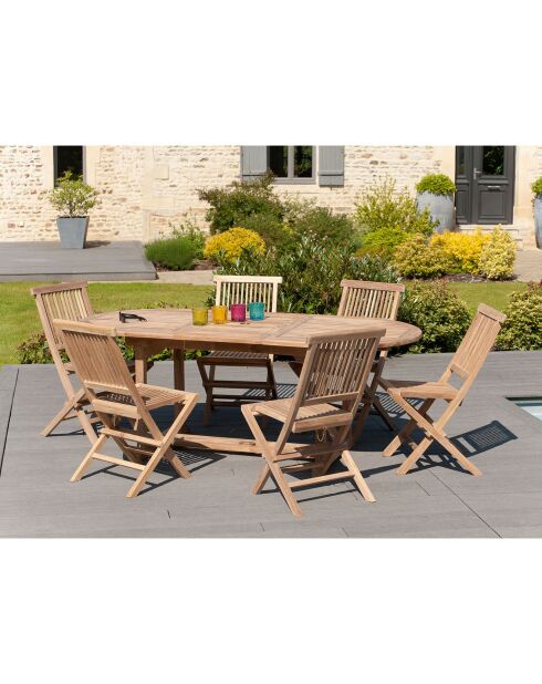 Ensemble 1 table ovale extensible + 6 chaises Java teck - 150/200x90 cm