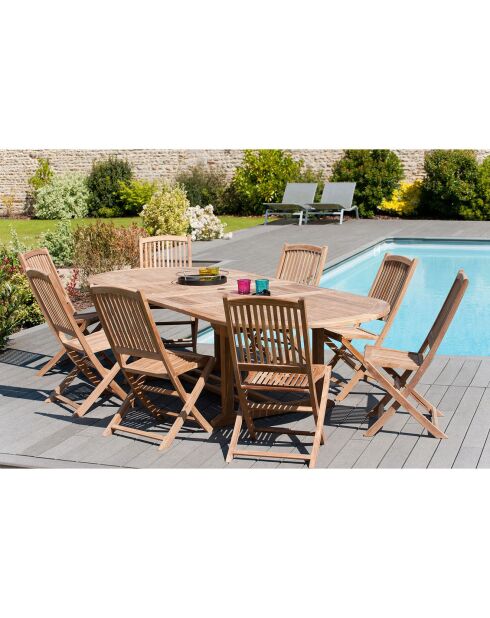 Lustiger ovaler Doppelausziehtisch aus massivem Teakholz — 200/300x120x75 cm