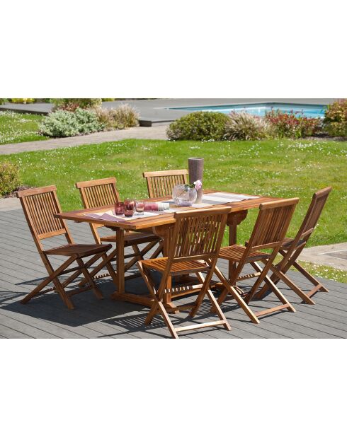 Ensemble 1 table extensible + 6 chaises Java teck huilé - 120/180x90x75 cm