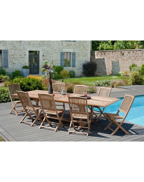 Set 1 rechteckiger Tisch+8 Lombock-Teakholzstühle - 200/300x120x75 cm