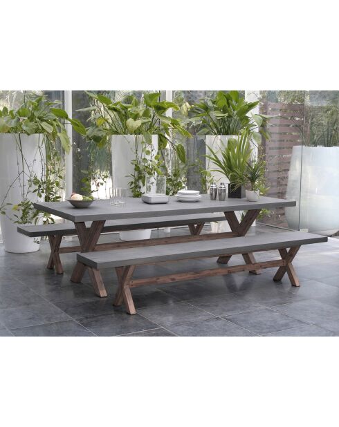Ensemble 1 table rectangulaire + 2 bancs Hector gris/marron - 200x100x75 cm