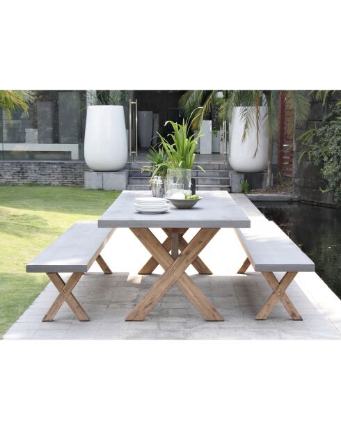 Ensemble 1 table rectangulaire + 2 bancs Hector gris/marron - 200x100x75 cm