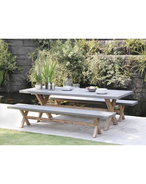 Ensemble 1 table rectangulaire + 2 bancs Hector gris/marron - 200x100x75 cm