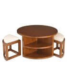 Table basse ronde 2 tabourets avec coussins chocolat - D.90xH.50.7 cm