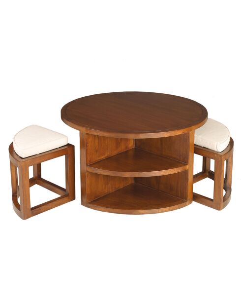 Table basse ronde 2 tabourets avec coussins chocolat - D.90xH.50.7 cm