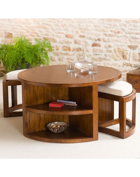 Table basse ronde 2 tabourets avec coussins chocolat - D.90xH.50.7 cm