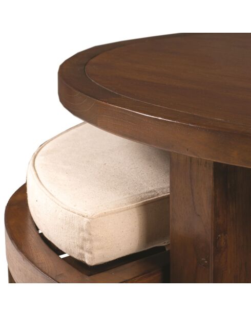 Table basse ronde 2 tabourets avec coussins chocolat - D.90xH.50.7 cm