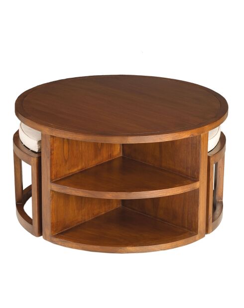 Table basse ronde 2 tabourets avec coussins chocolat - D.90xH.50.7 cm