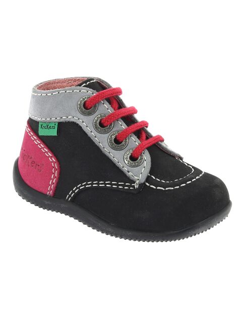 Bottillons en Velours de Cuir Bonbon noir/gris/fuchsia