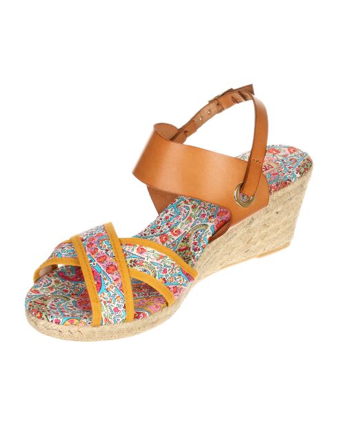 Mehrfarbige Talma Sandalen aus Canvas und Leder mit Keilabsatz von 7 cm
