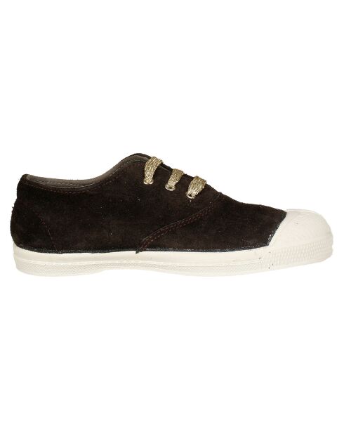 Sneakers aus Samtleder mit taupefarbenen Schnürsenkeln