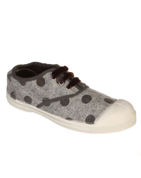 Tennisbas Flaneldots grijs/bruine fluwelen veters