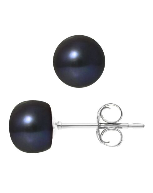 Boucles d'oreilles Laura Argent Perles d'Eau Douce noires 7-8 mm