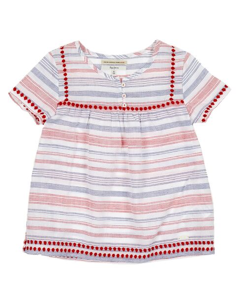 Blusa de felpa de algodón y lino con rayas rojas/azules