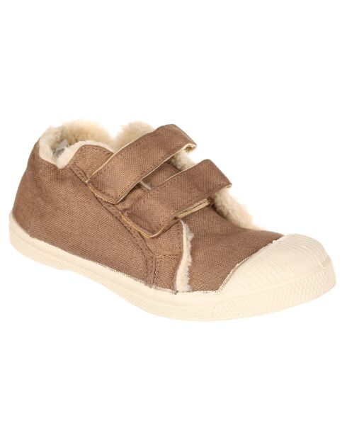 Tennis basses fourrées à scratch beige foncé