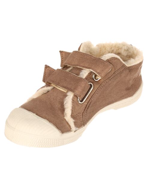 Tennis basses fourrées à scratch beige foncé