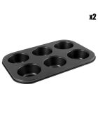 2 zwarte stalen muffinvormpjes met 6 muffins - 26x18x3 cm