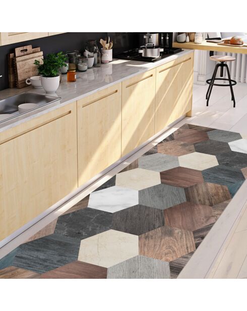 Tapis vinyle Hexagone bois/marbre - 50x140 cm