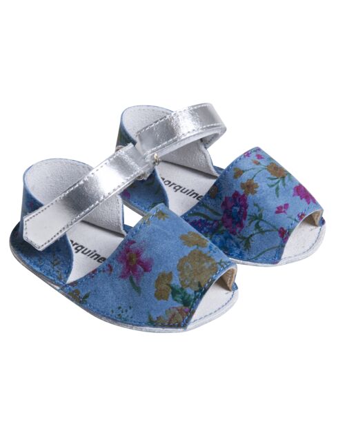 Blauwe leren sandalen met bloemenprint