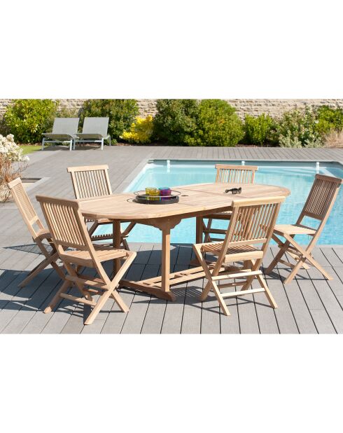 Ensemble 1 table ovale extensible + 6 chaises Fun teck - 180/240x100x75 cm
