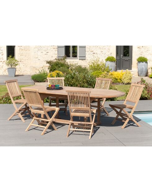 Ensemble 1 table ovale extensible + 6 chaises Fun teck - 180/240x100x75 cm