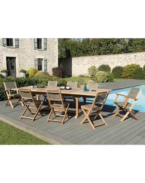 Ensemble 1 table rectangulaire + 6 chaises + 2 fauteuils Fun teck - 200/300x120x75 cm