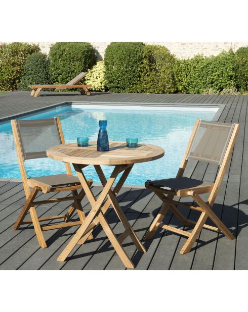 Ensemble 1 table ronde pliante + 2 chaises pliantes Fun teck - D.80xH.75 cm