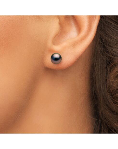 Boucles d'oreilles Or Blanc Perles de Tahiti noires 8-9 mm