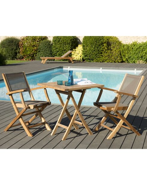 Set 1 quadratischer Tisch+2 lustige Sessel aus Teakholz - D.70xH.75,5 cm