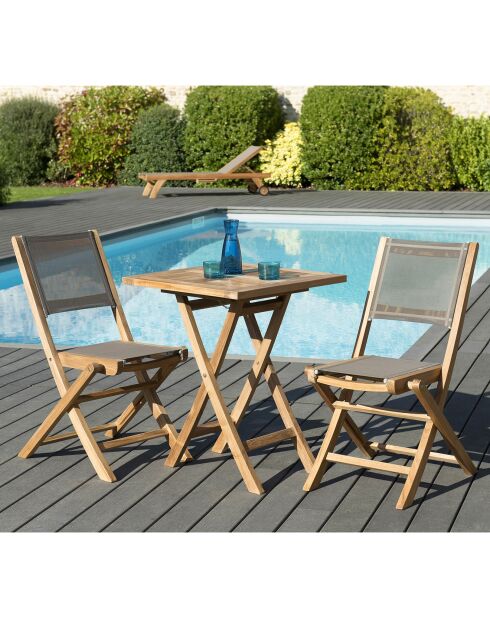 Set 1 vierkante tafel + 2 klapstoelen Fun teak - 60x60x76 cm