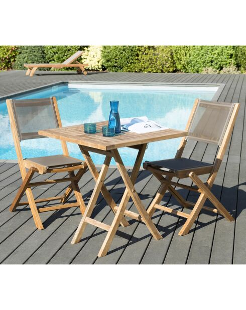 Set 1 quadratischer Tisch+2 Klappstühle Fun Teak - 70x70x75,5 cm