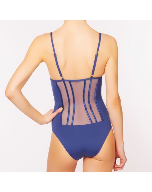 Blauer einteiliger Badeanzug mit Couture-Grafik