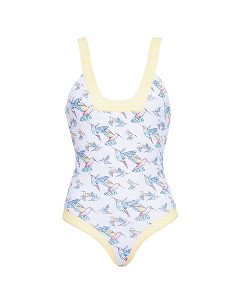 Traje de baño retro de una pieza, blanco, azul y amarillo, de Anna Halo