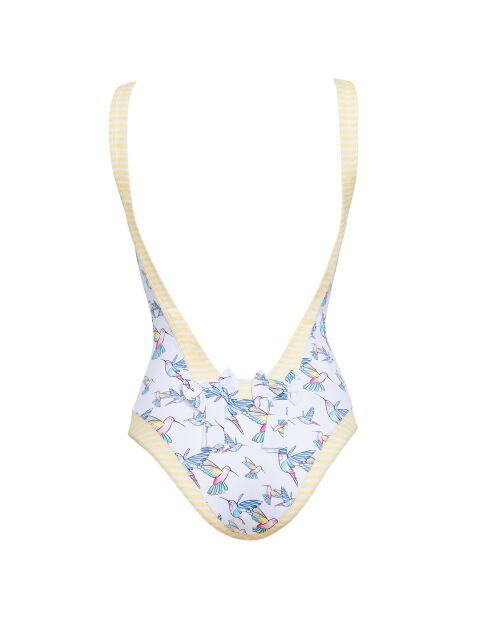 Traje de baño retro de una pieza, blanco, azul y amarillo, de Anna Halo