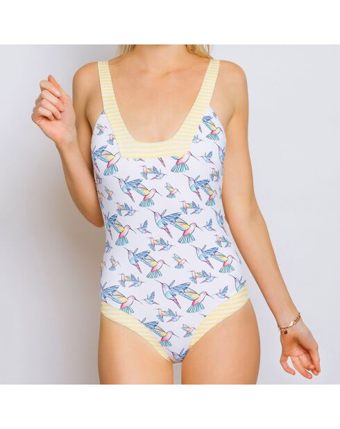 Traje de baño retro de una pieza, blanco, azul y amarillo, de Anna Halo
