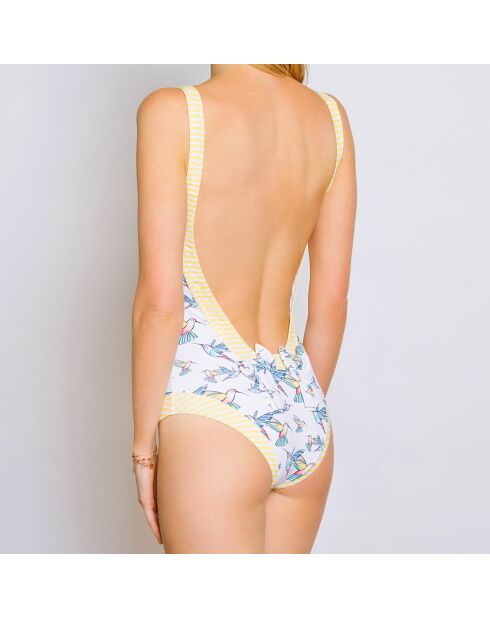 Traje de baño retro de una pieza, blanco, azul y amarillo, de Anna Halo