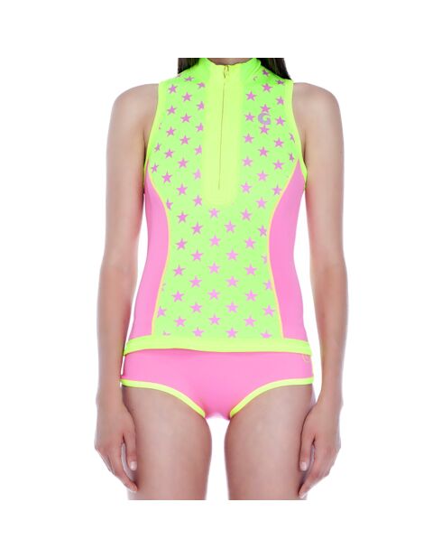 Top de bain Anti UV en Néoprène imprimé étoiles rose/jaune