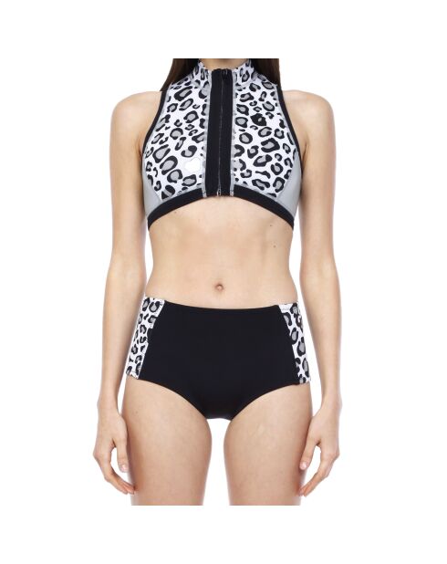 Zwart/wit kort bikinibroekje van neopreen met luipaardprint en middelhoge taille