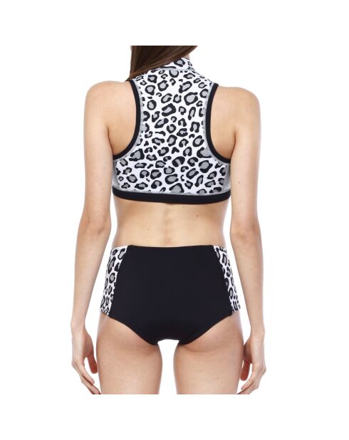 Zwart/wit kort bikinibroekje van neopreen met luipaardprint en middelhoge taille