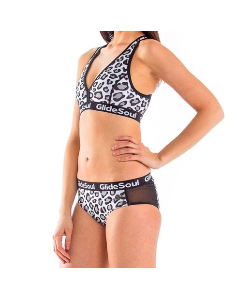 Kurze Neopren-Bikinihose mit Leopardenmuster, Schwarz/Weiß