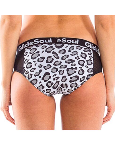 Kurze Neopren-Bikinihose mit Leopardenmuster, Schwarz/Weiß